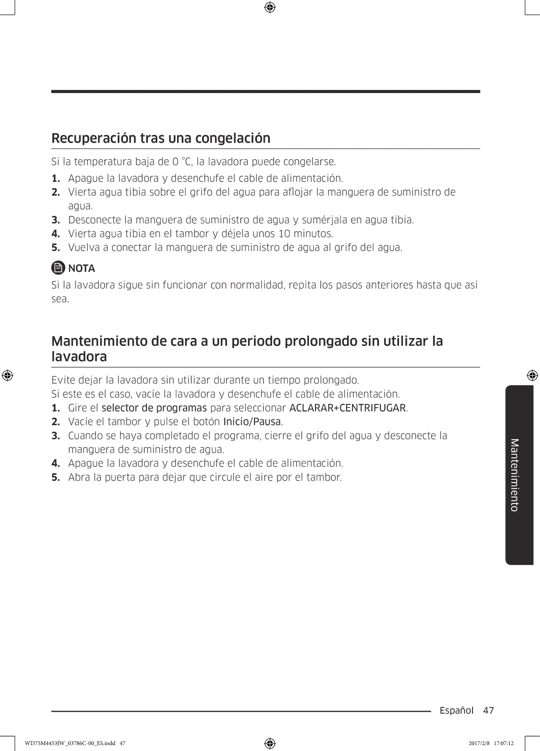 Samsung WD80M4453IW/EC, WD70M4453IW/EC manual Recuperación tras una congelación 