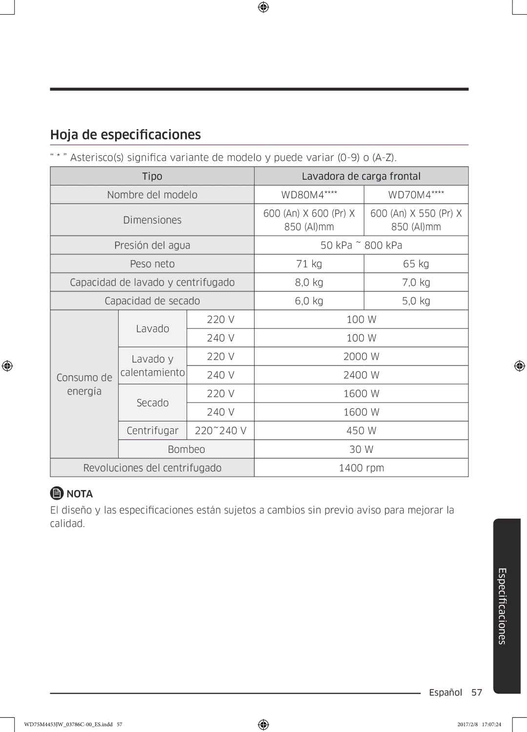 Samsung WD80M4453IW/EC, WD70M4453IW/EC manual Hoja de especificaciones 