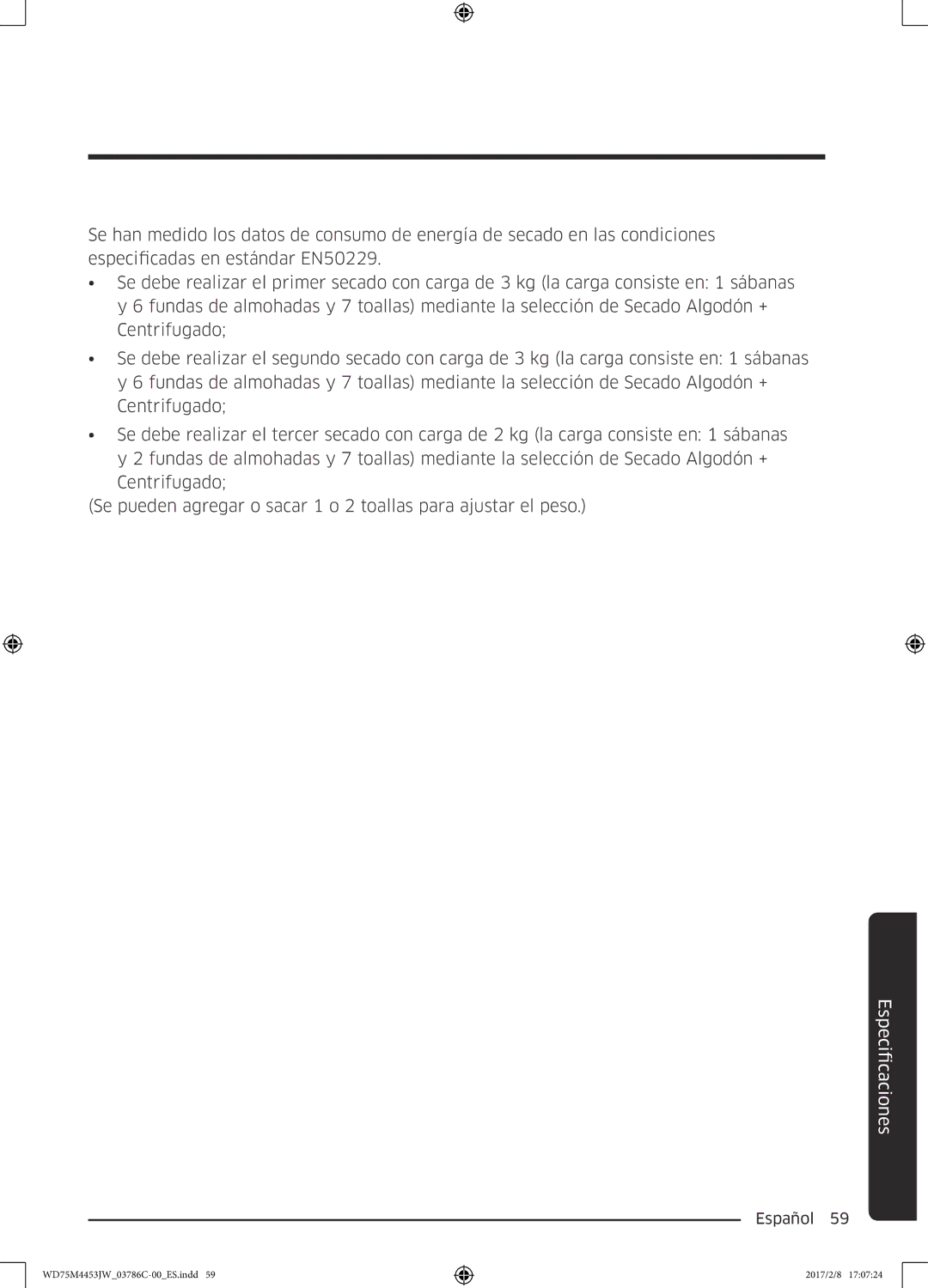 Samsung WD80M4453IW/EC, WD70M4453IW/EC manual FicacionesEspeci 