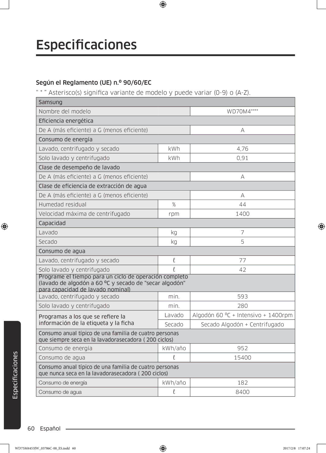 Samsung WD70M4453IW/EC, WD80M4453IW/EC manual Especificaciones 