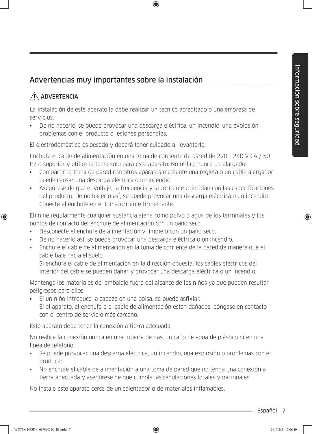 Samsung WD80M4453IW/EC, WD70M4453IW/EC manual Advertencias muy importantes sobre la instalación 