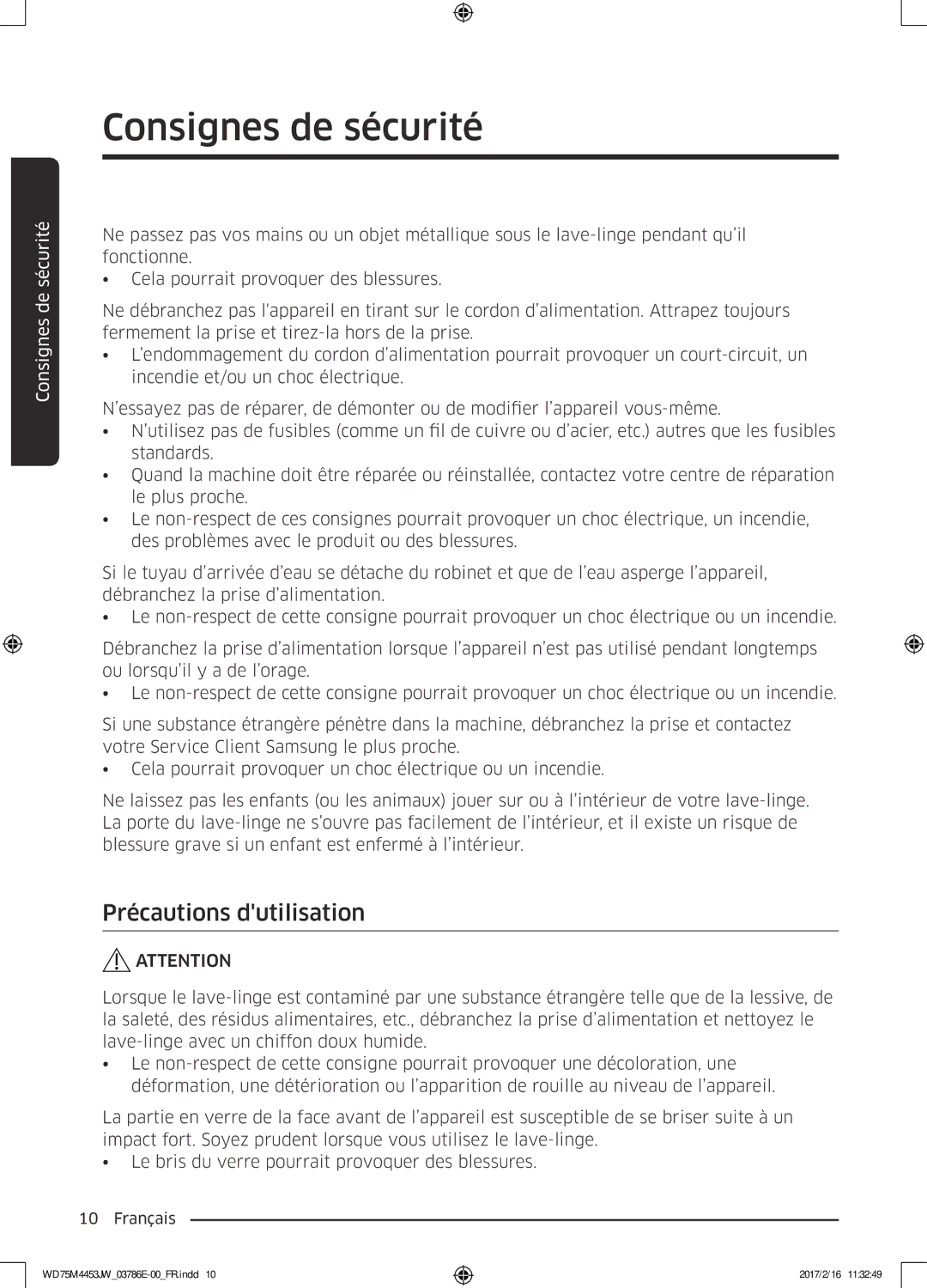 Samsung WD70M4453IW/EF, WD80M4453JW/EF manual Précautions dutilisation 