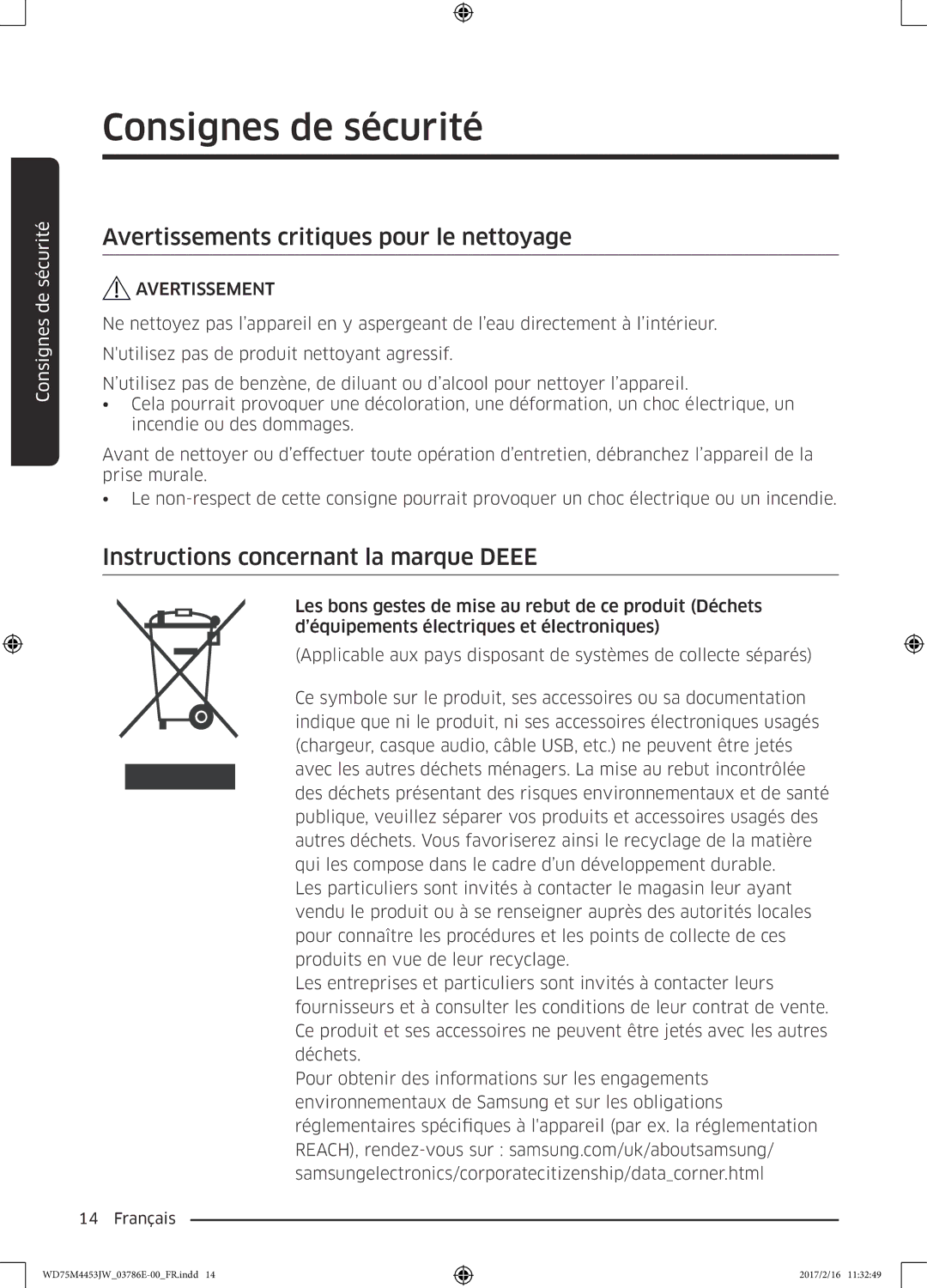 Samsung WD70M4453IW/EF, WD80M4453JW/EF Avertissements critiques pour le nettoyage, Instructions concernant la marque Deee 