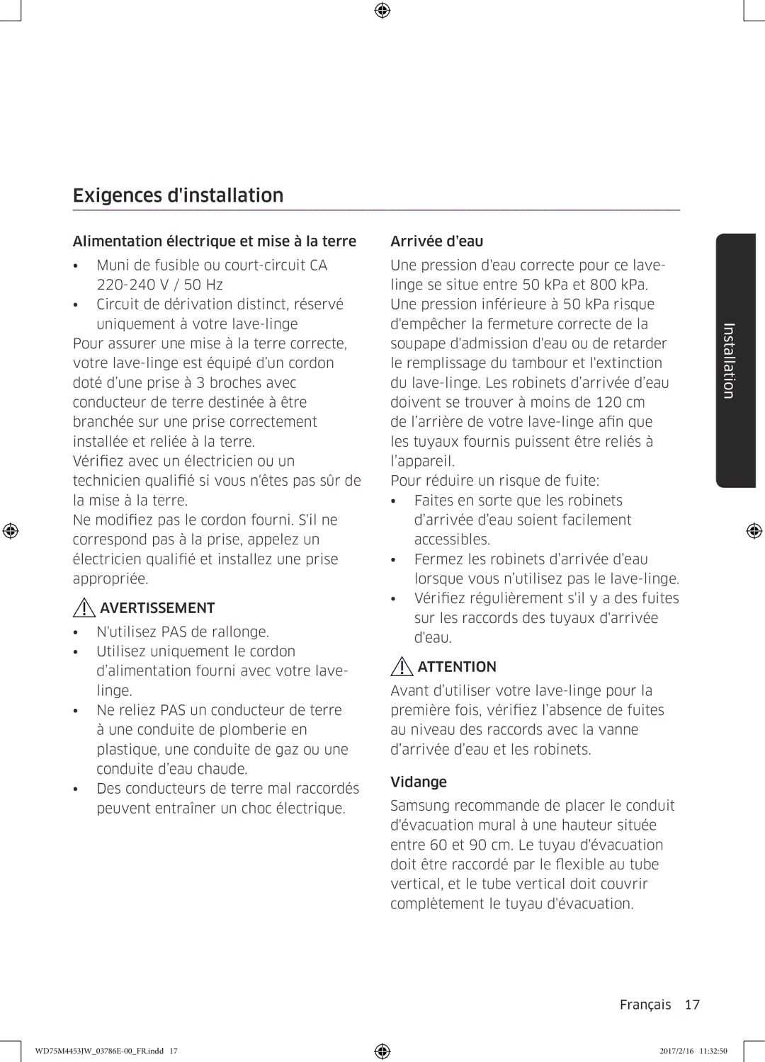 Samsung WD80M4453JW/EF, WD70M4453IW/EF manual Exigences dinstallation 