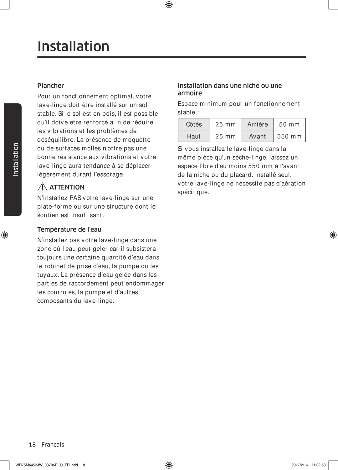 Samsung WD70M4453IW/EF, WD80M4453JW/EF manual Installation 