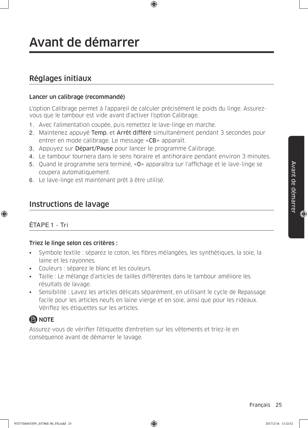 Samsung WD80M4453JW/EF, WD70M4453IW/EF manual Avant de démarrer, Réglages initiaux, Instructions de lavage 