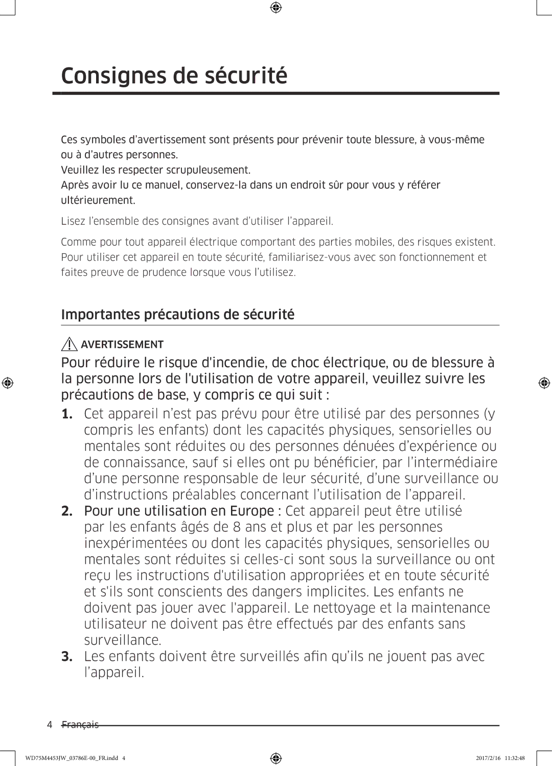 Samsung WD70M4453IW/EF, WD80M4453JW/EF manual Importantes précautions de sécurité 