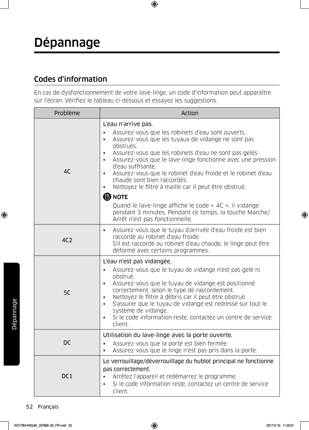 Samsung WD70M4453IW/EF, WD80M4453JW/EF manual Codes dinformation, DC1 