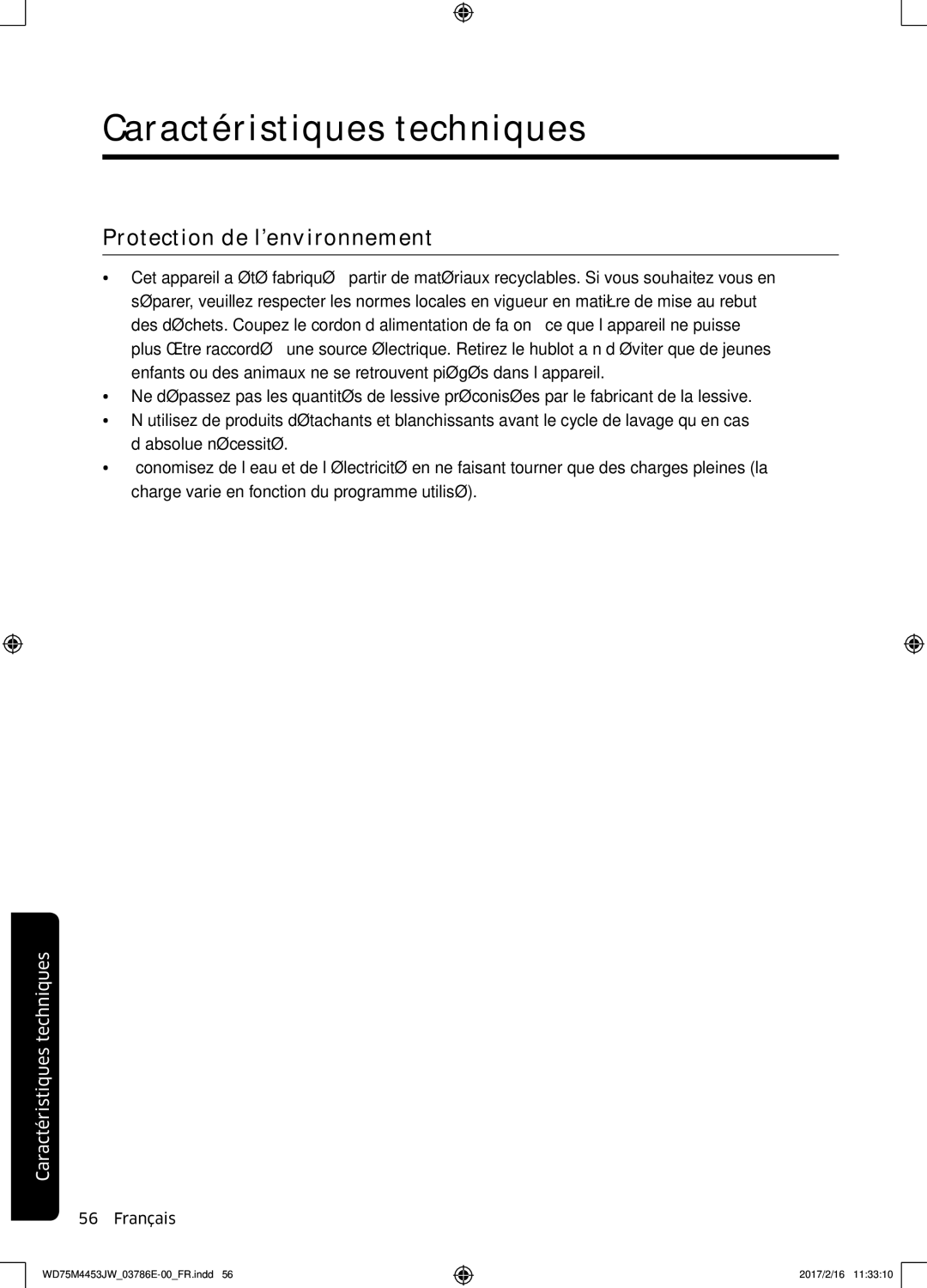 Samsung WD70M4453IW/EF, WD80M4453JW/EF manual Protection de l’environnement 