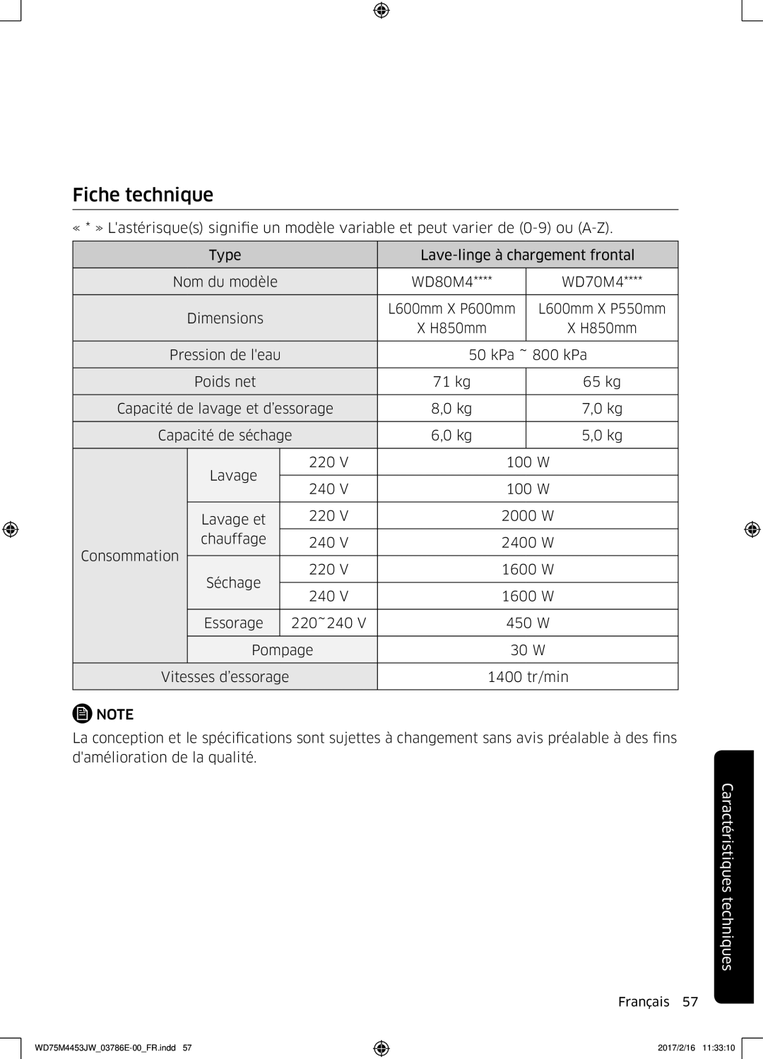 Samsung WD80M4453JW/EF, WD70M4453IW/EF manual Fiche technique 