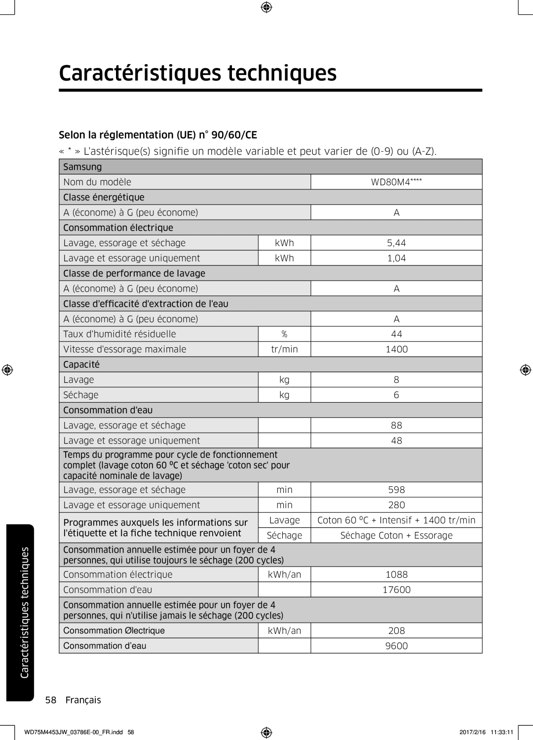 Samsung WD70M4453IW/EF, WD80M4453JW/EF manual Séchage Coton + Essorage 