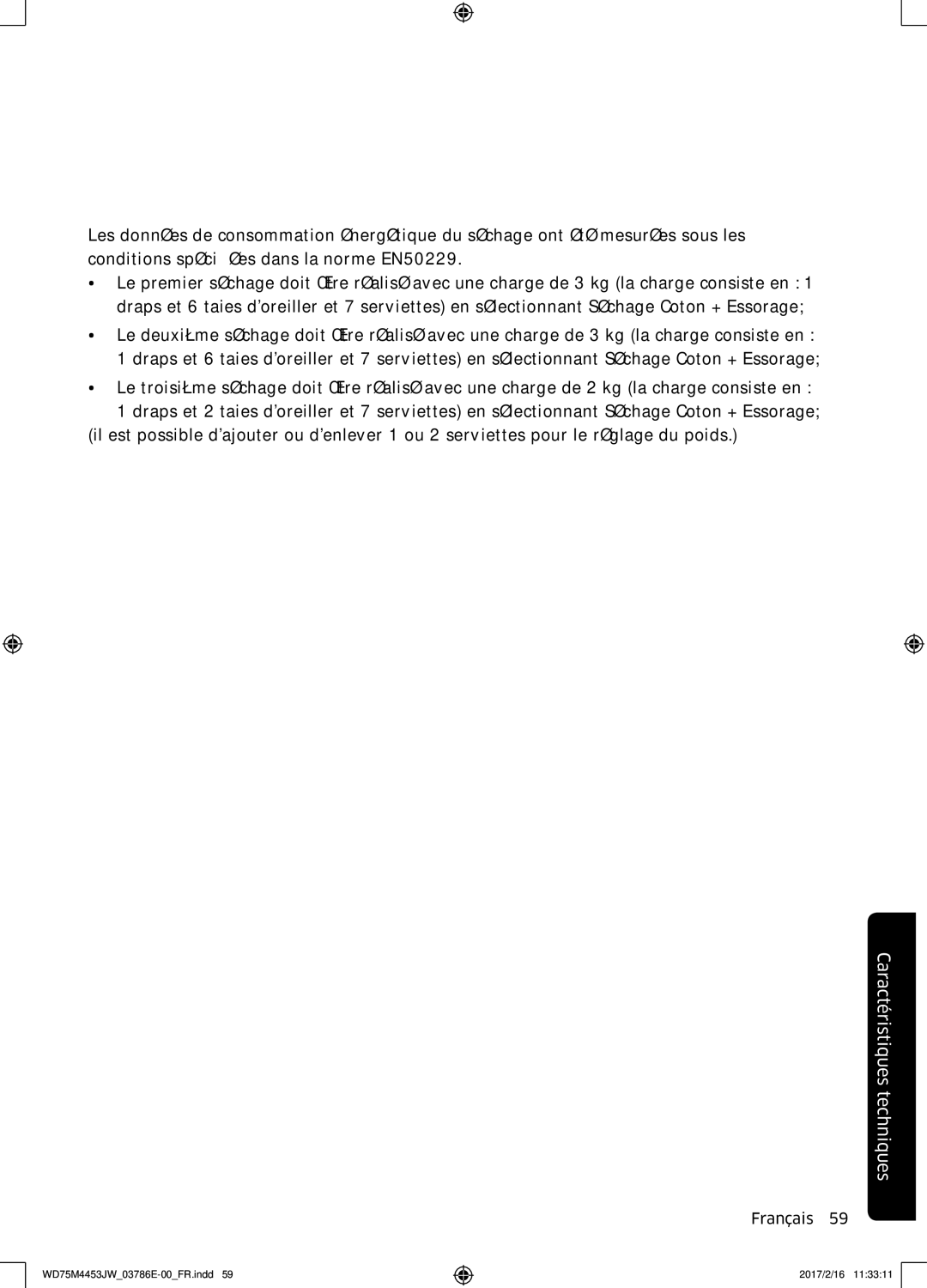 Samsung WD80M4453JW/EF, WD70M4453IW/EF manual Caractéristiques techniques 