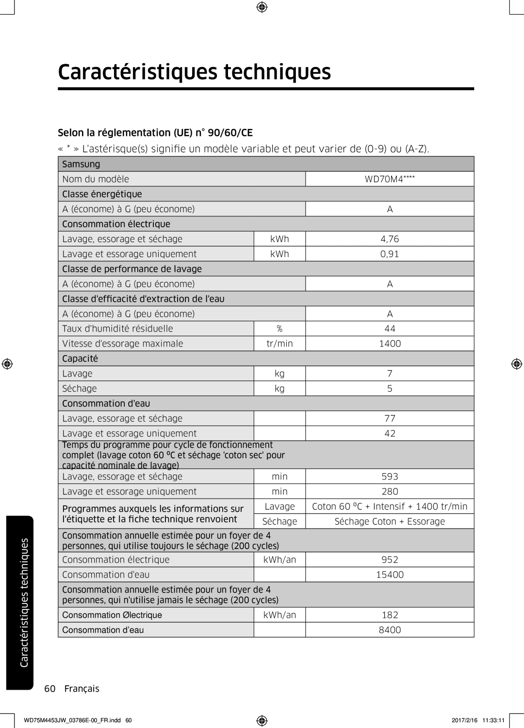 Samsung WD70M4453IW/EF, WD80M4453JW/EF manual Caractéristiques techniques 