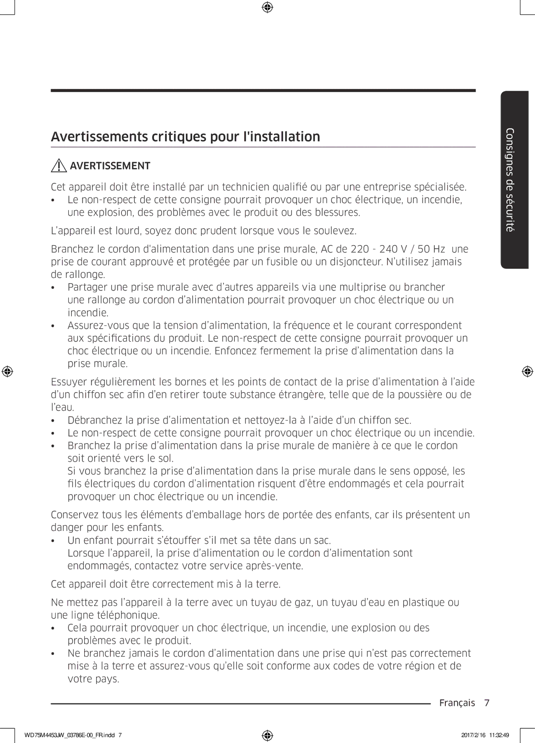 Samsung WD80M4453JW/EF, WD70M4453IW/EF manual Avertissements critiques pour linstallation 