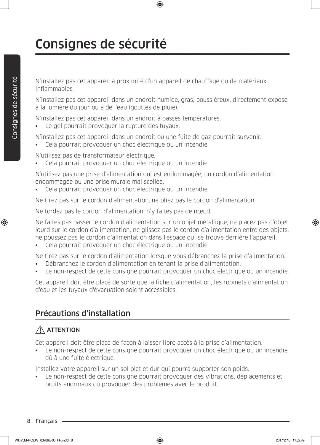 Samsung WD70M4453IW/EF, WD80M4453JW/EF manual Précautions dinstallation 