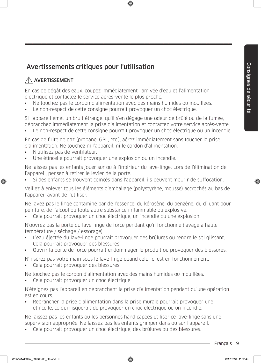 Samsung WD80M4453JW/EF, WD70M4453IW/EF manual Avertissements critiques pour lutilisation 