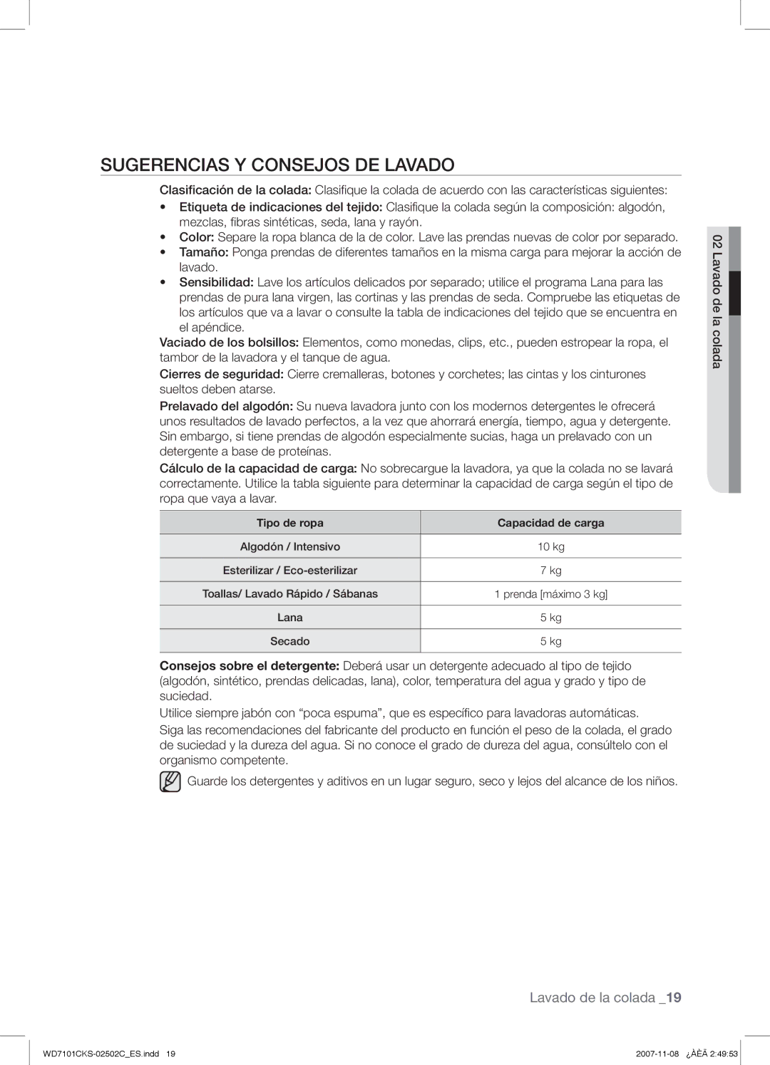 Samsung WD7101CKS/XEC manual Sugerencias Y Consejos DE Lavado, Tipo de ropa Capacidad de carga 