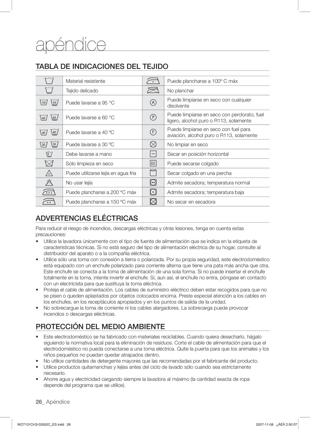 Samsung WD7101CKS/XEC Apéndice, Tabla DE Indicaciones DEL Tejido, Advertencias Eléctricas, Protección DEL Medio Ambiente 