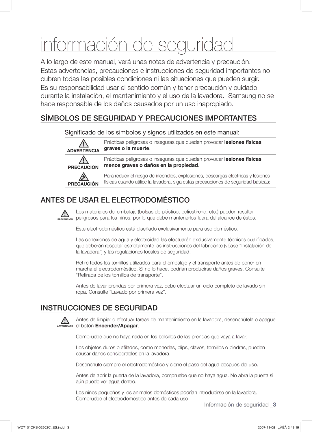 Samsung WD7101CKS/XEC manual Información de seguridad, Símbolos DE Seguridad Y Precauciones Importantes 