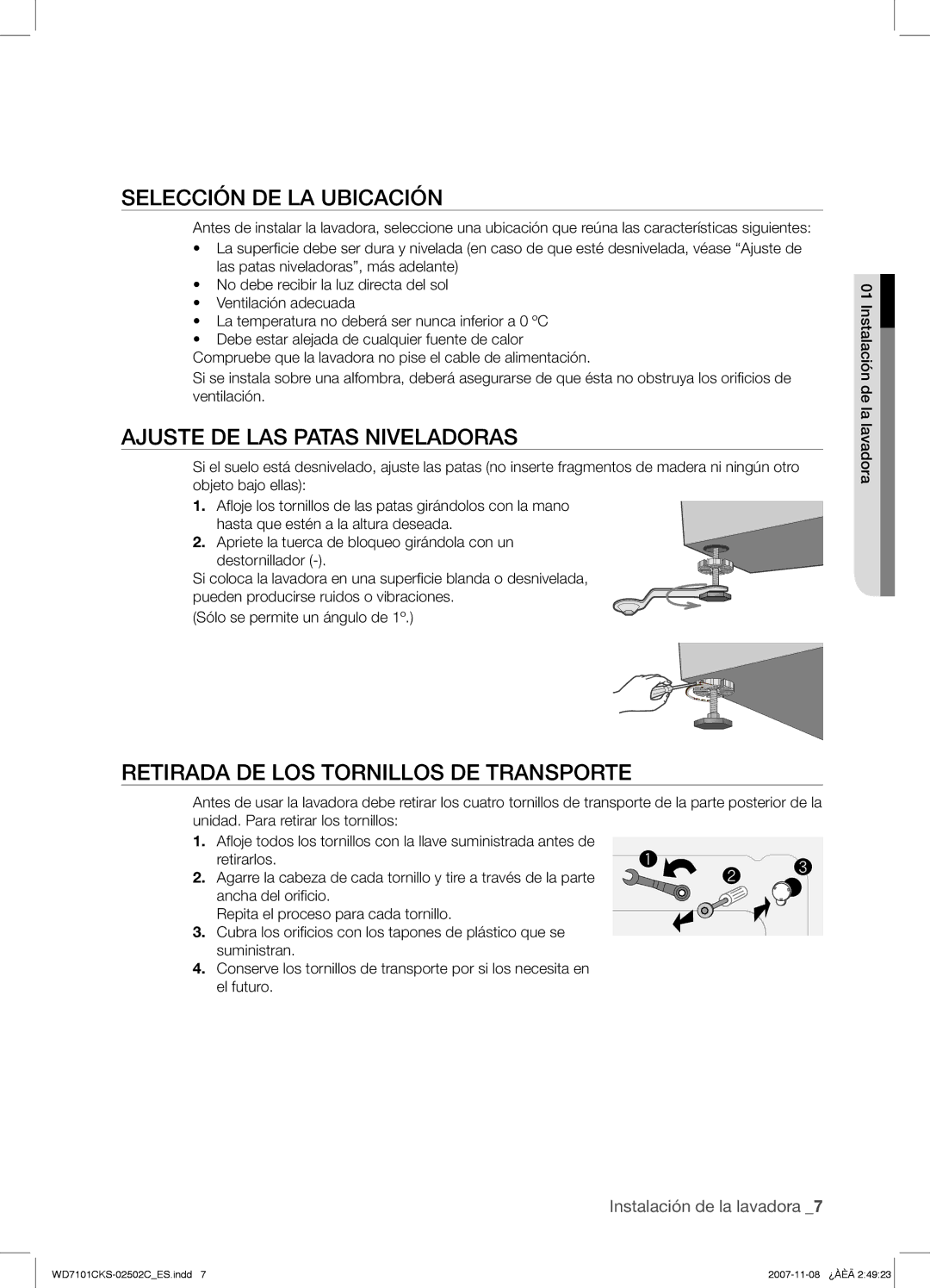 Samsung WD7101CKS/XEC Selección DE LA Ubicación, Ajuste DE LAS Patas Niveladoras, Retirada DE LOS Tornillos DE Transporte 