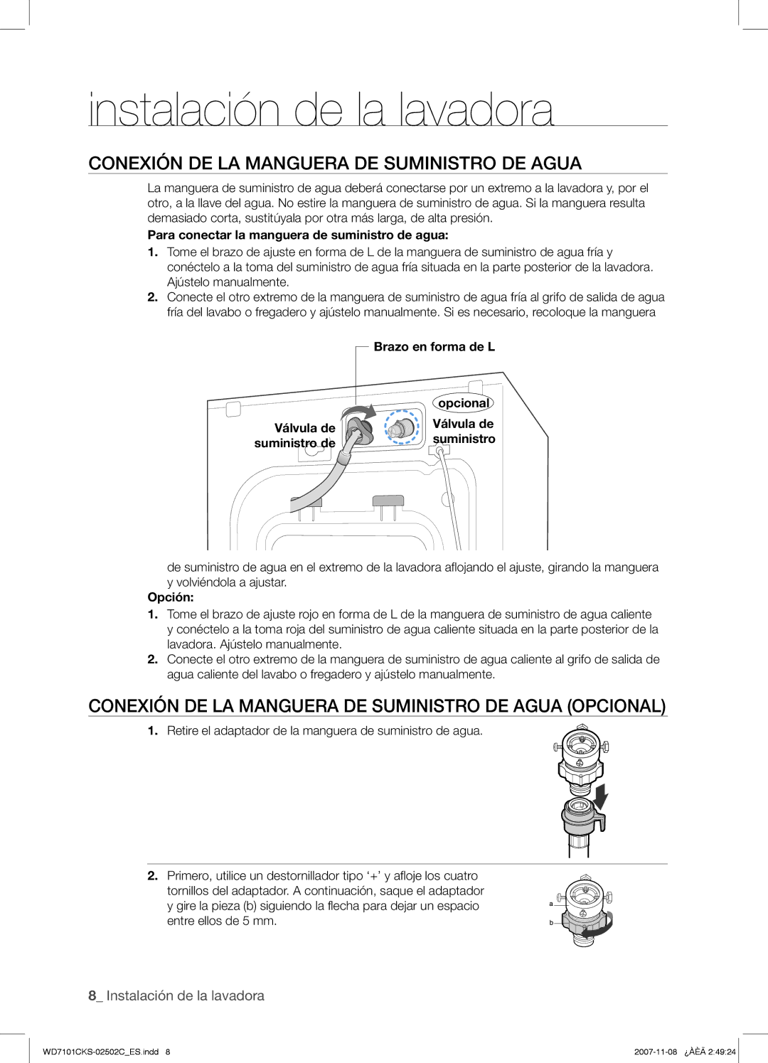 Samsung WD7101CKS/XEC manual Conexión DE LA Manguera DE Suministro DE Agua 