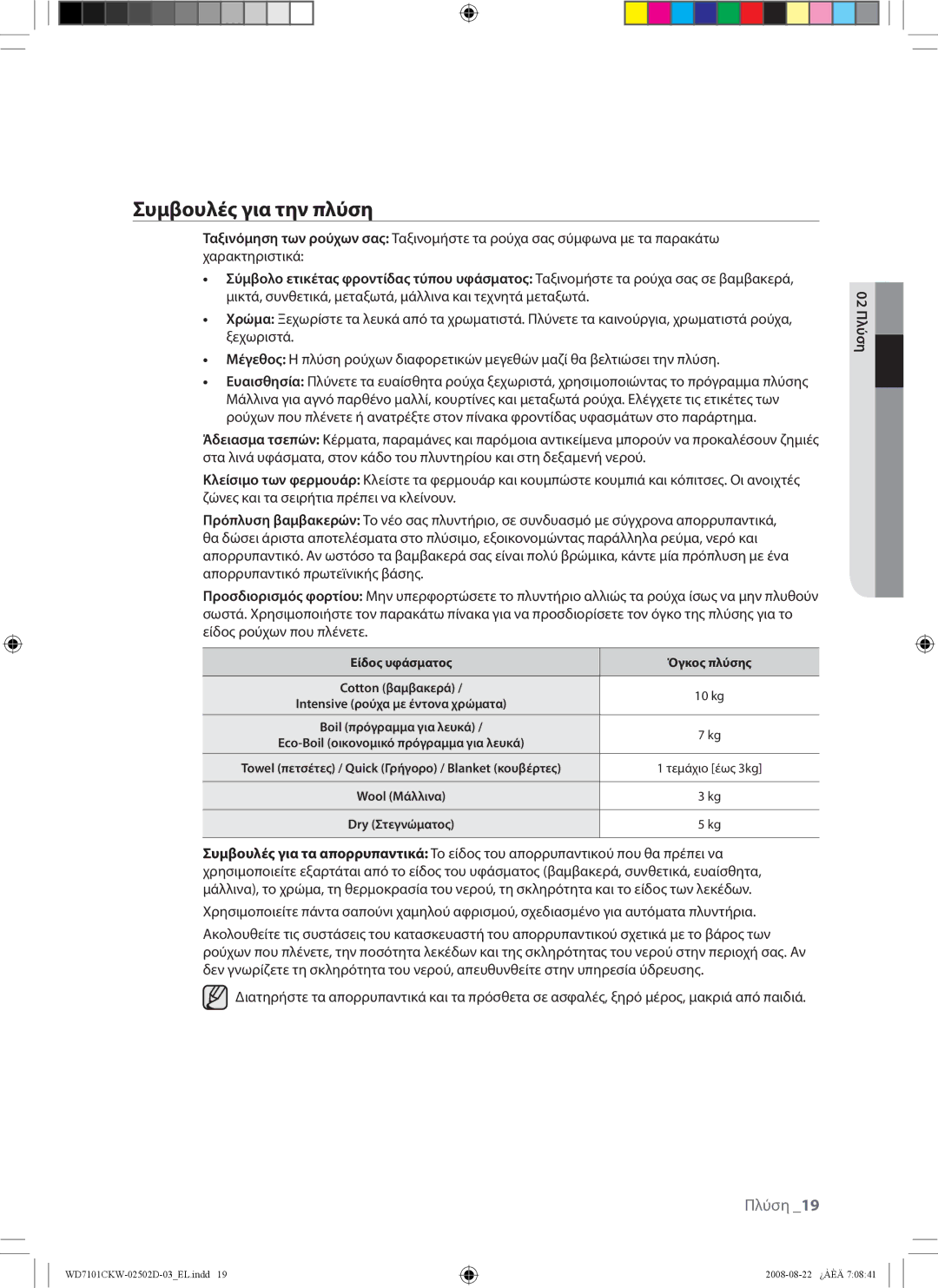 Samsung WD7101CKC/YLE, WD7101CKW/YLE, WD7101CKW/XEH manual Συμβουλές για την πλύση, Είδος υφάσματος Όγκος πλύσης 