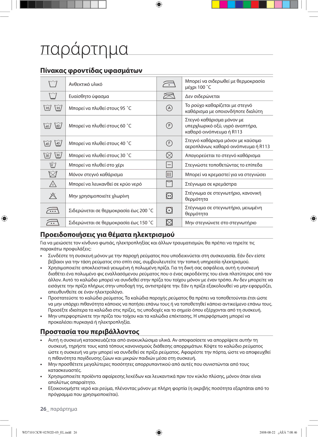 Samsung WD7101CKW/XEH, WD7101CKW/YLE manual Παράρτημα, Πίνακας φροντίδας υφασμάτων, Προειδοποιήσεις για θέματα ηλεκτρισμού 