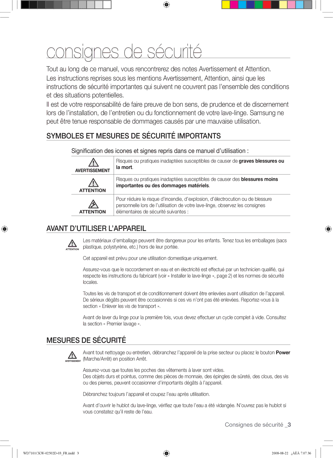 Samsung WD7101CKC/YLE manual Consignes de sécurité, Symboles ET Mesures DE Sécurité Importants, Avant D’UTILISER L’APPAREIL 