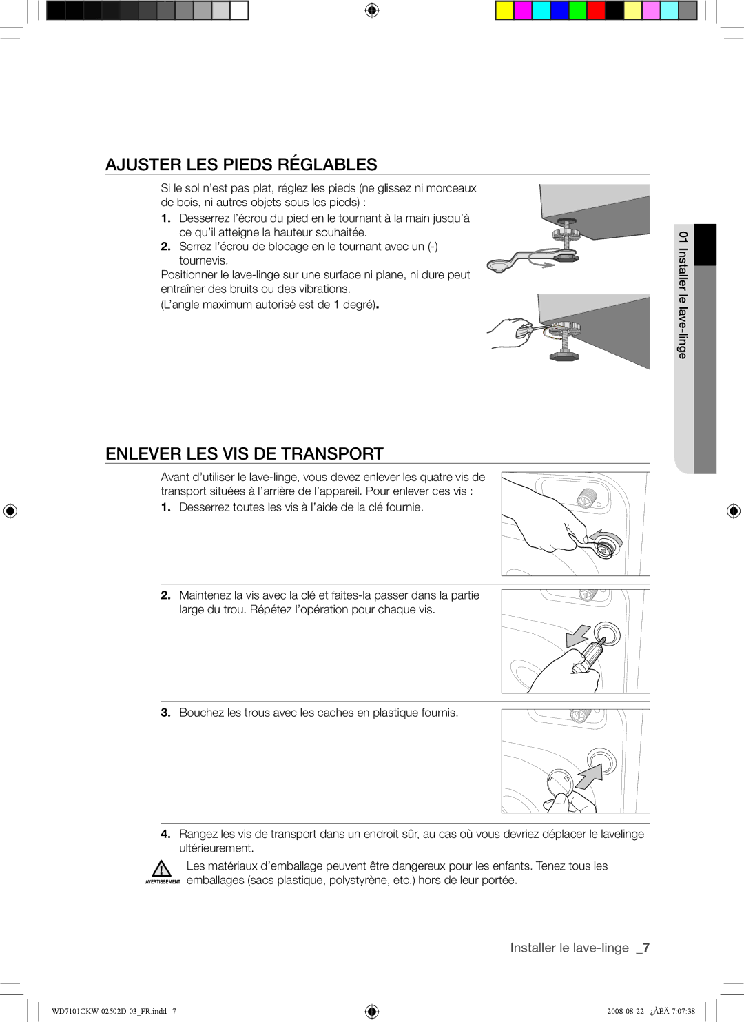 Samsung WD7101CKW/XEH, WD7101CKW/YLE, WD7101CKC/YLE manual Ajuster LES Pieds Réglables, Enlever LES VIS DE Transport 