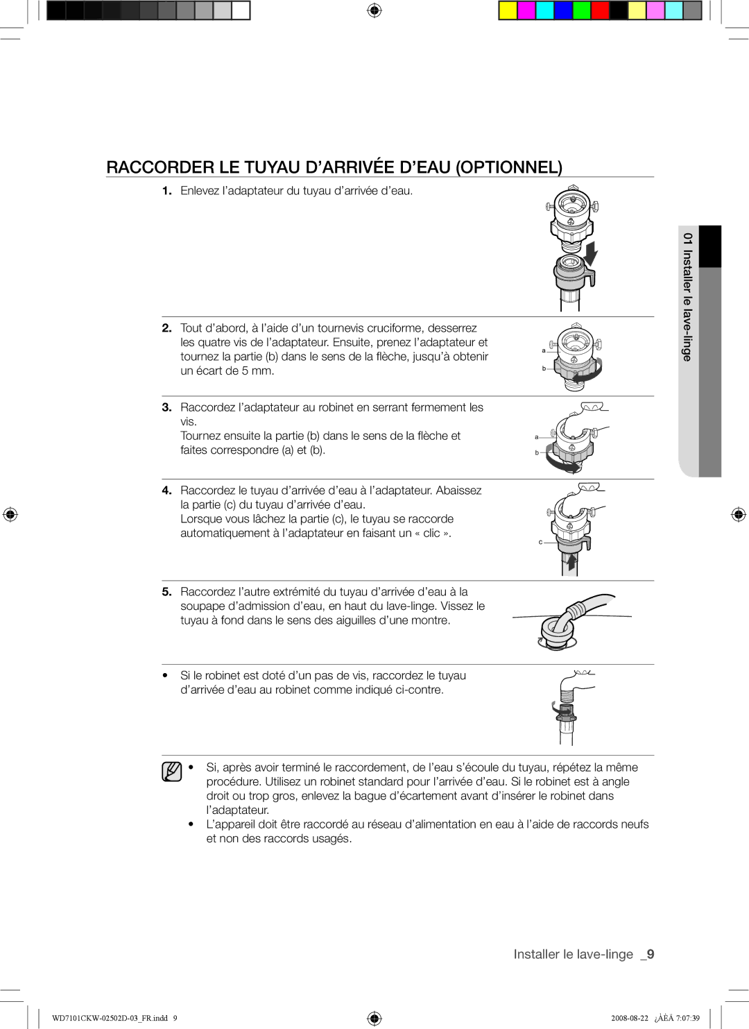 Samsung WD7101CKC/YLE, WD7101CKW/YLE, WD7101CKW/XEH manual Raccorder LE Tuyau D’ARRIVÉE D’EAU Optionnel 