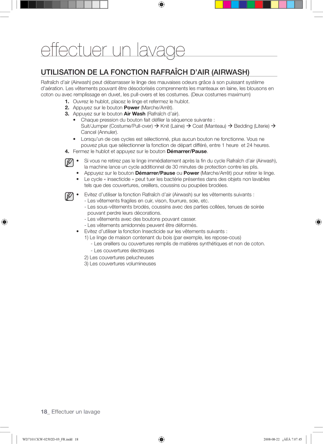 Samsung WD7101CKC/YLE, WD7101CKW/YLE, WD7101CKW/XEH manual Utilisation DE LA Fonction Rafraîch D’AIR Airwash 