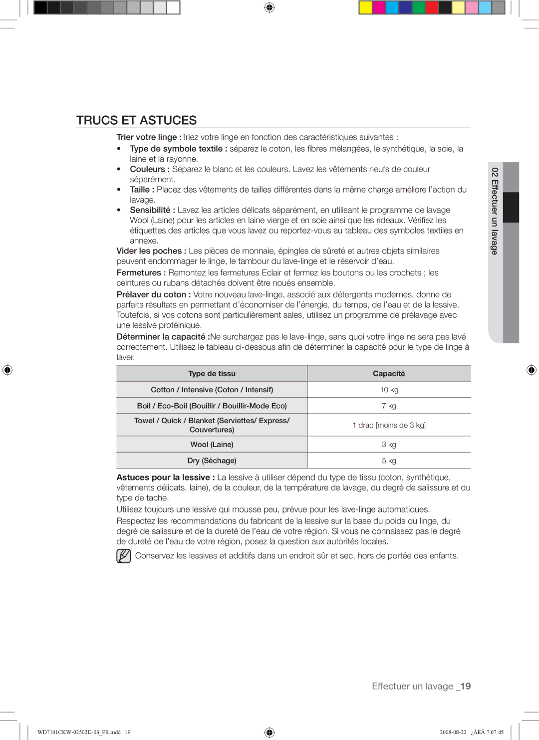 Samsung WD7101CKW/XEH, WD7101CKW/YLE, WD7101CKC/YLE manual Trucs ET Astuces, Type de tissu Capacité 