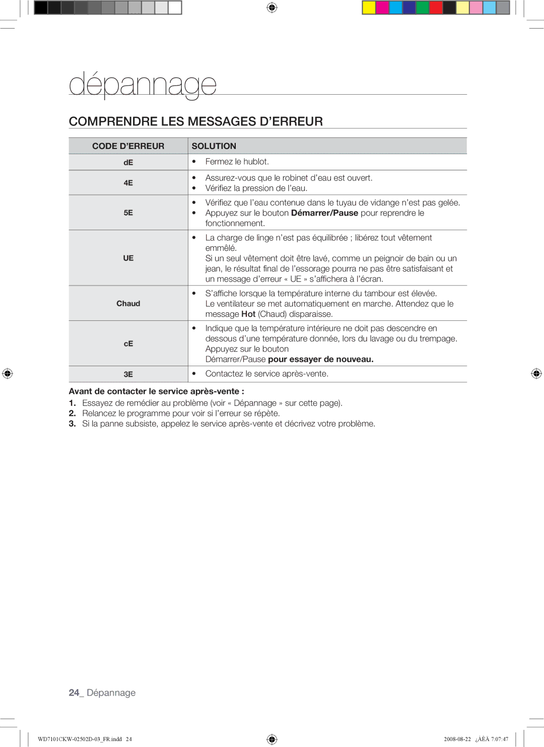 Samsung WD7101CKC/YLE, WD7101CKW/YLE manual Comprendre LES Messages D’ERREUR, Démarrer/Pause pour essayer de nouveau 