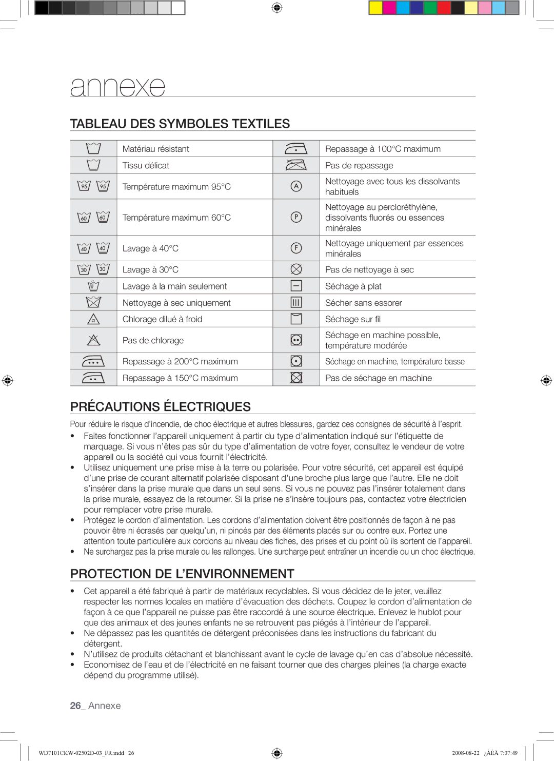 Samsung WD7101CKW/YLE manual Annexe, Tableau DES Symboles Textiles, Précautions Électriques, Protection DE L’ENVIRONNEMENT 