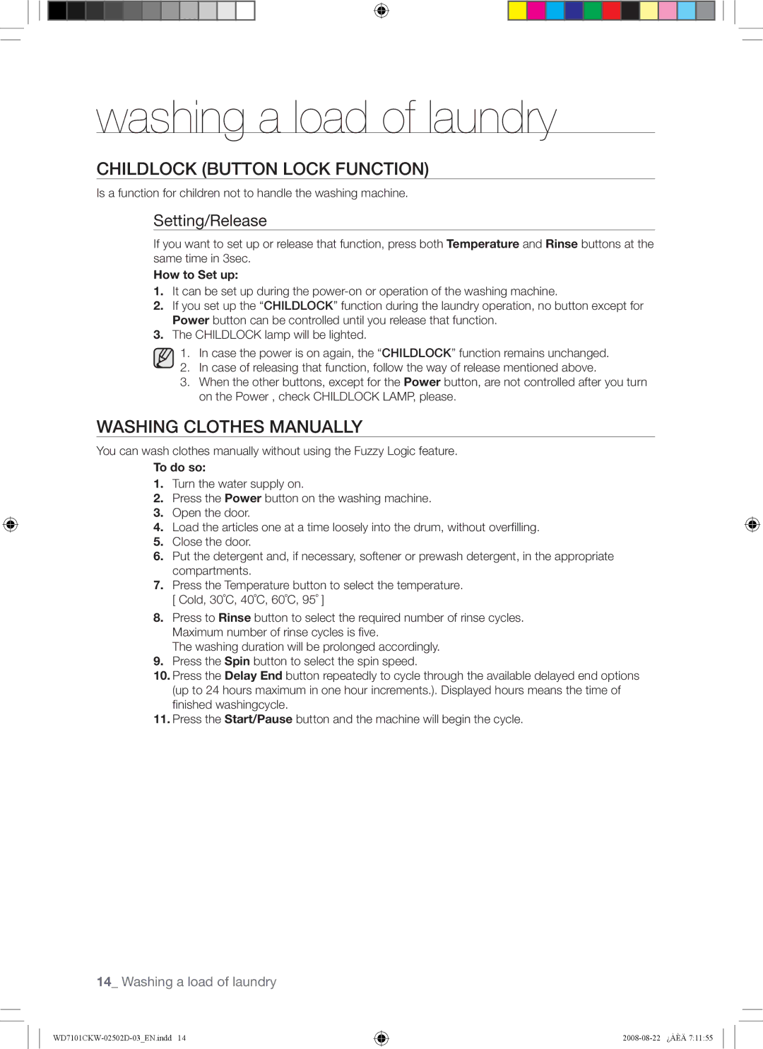 Samsung WD7101CKW/XEH Childlock Button Lock Function, Washing Clothes Manually, Setting/Release, How to Set up, To do so 