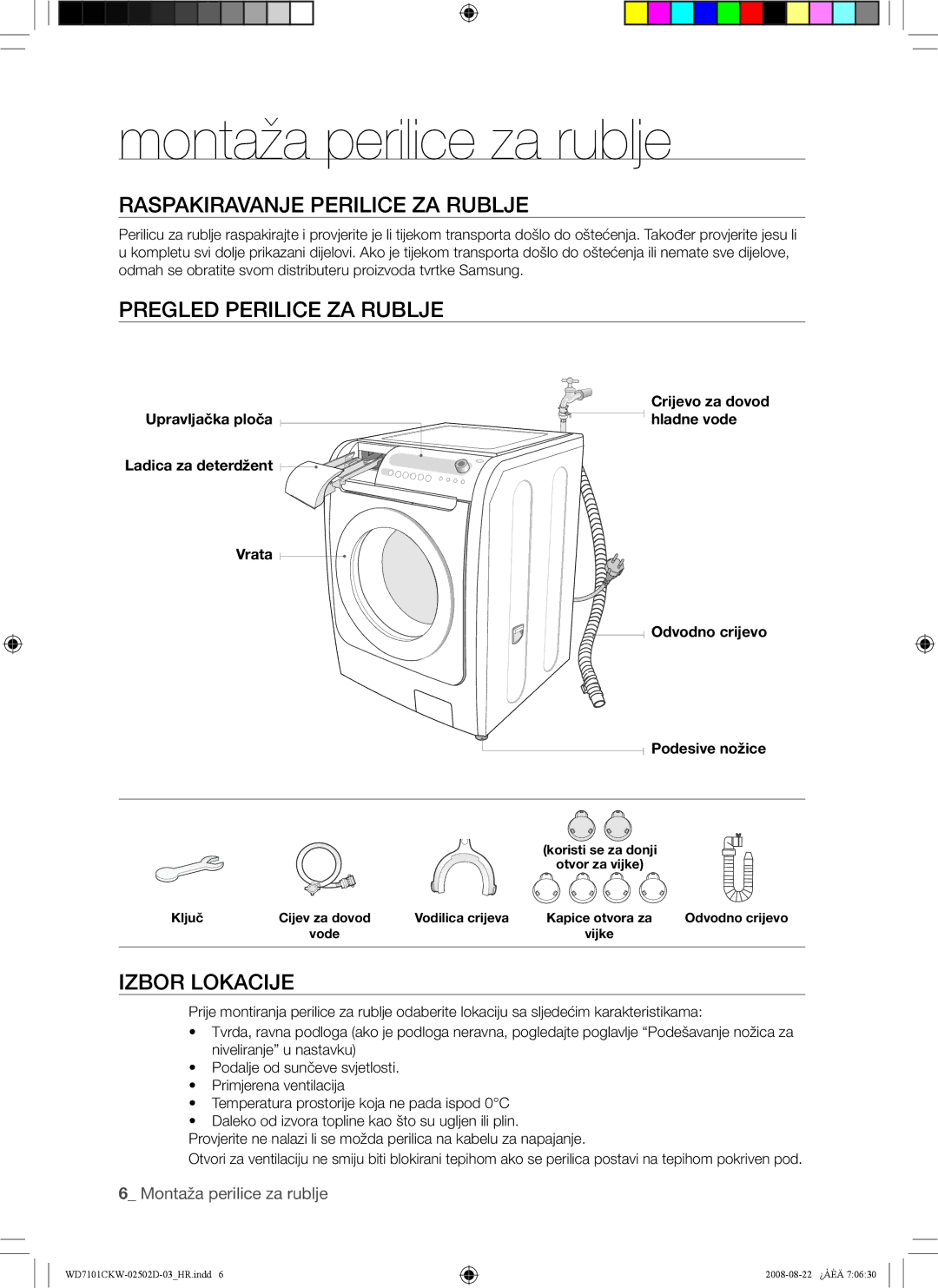 Samsung WD7101CKW/XEH manual Montaža perilice za rublje, Raspakiravanje Perilice ZA Rublje, Pregled Perilice ZA Rublje 