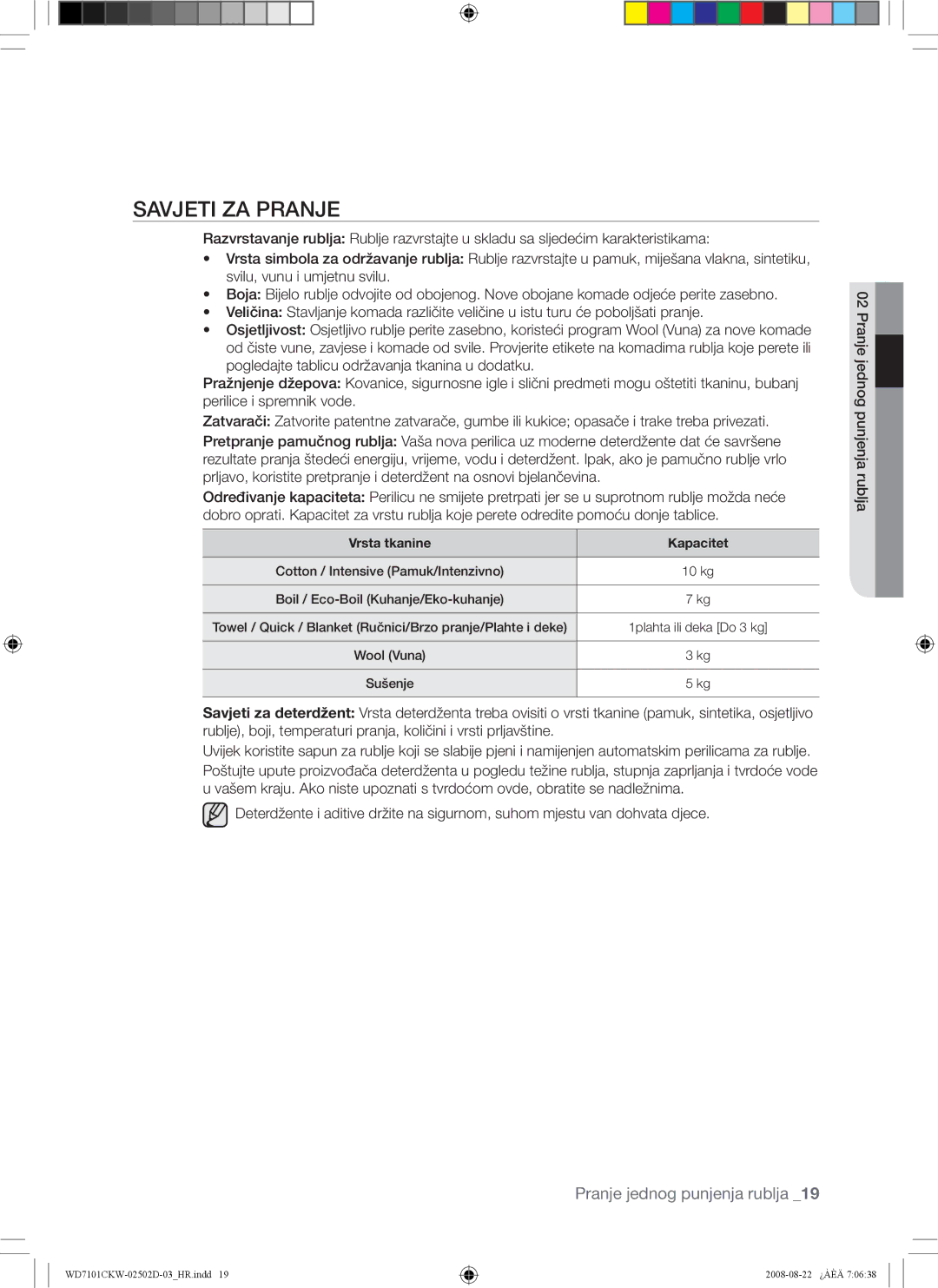 Samsung WD7101CKW/YLE, WD7101CKC/YLE, WD7101CKW/XEH manual Savjeti ZA Pranje, Vrsta tkanine Kapacitet 