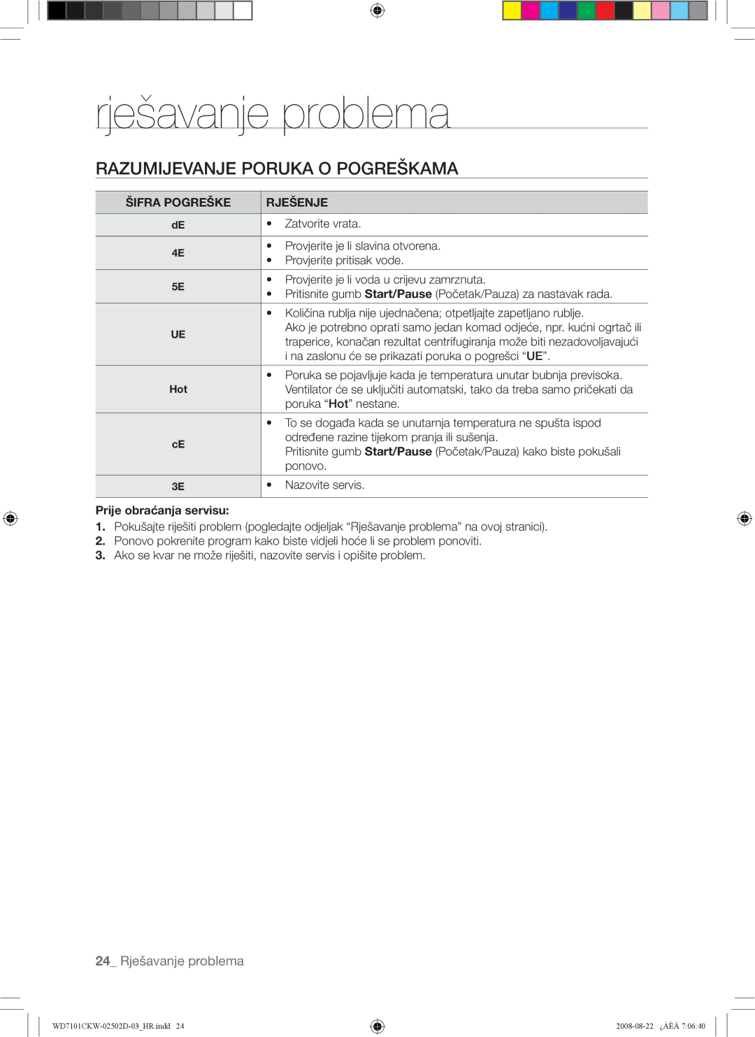 Samsung WD7101CKW/XEH, WD7101CKW/YLE, WD7101CKC/YLE manual Razumijevanje Poruka O Pogreškama, Prije obraćanja servisu 