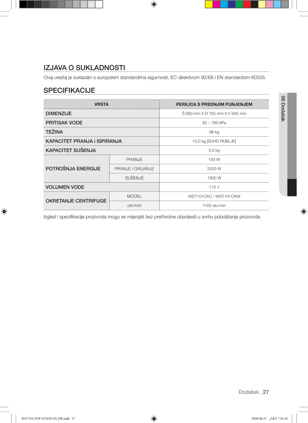 Samsung WD7101CKW/XEH, WD7101CKW/YLE manual Izjava O Sukladnosti, Specifikacije, Kapacitet Pranja i Ispiranja, Dodatak 