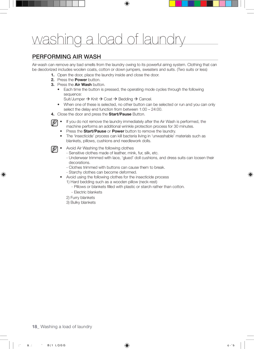 Samsung WD7101CKW/YLE, WD7101CKC/YLE, WD7101CKW/XEH manual Performing AIR Wash 