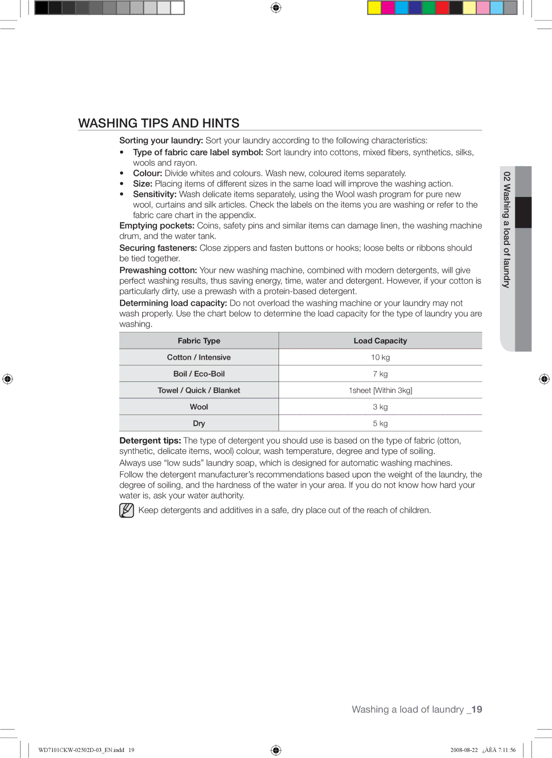 Samsung WD7101CKC/YLE, WD7101CKW/YLE, WD7101CKW/XEH manual Washing Tips and Hints, Fabric Type Load Capacity 