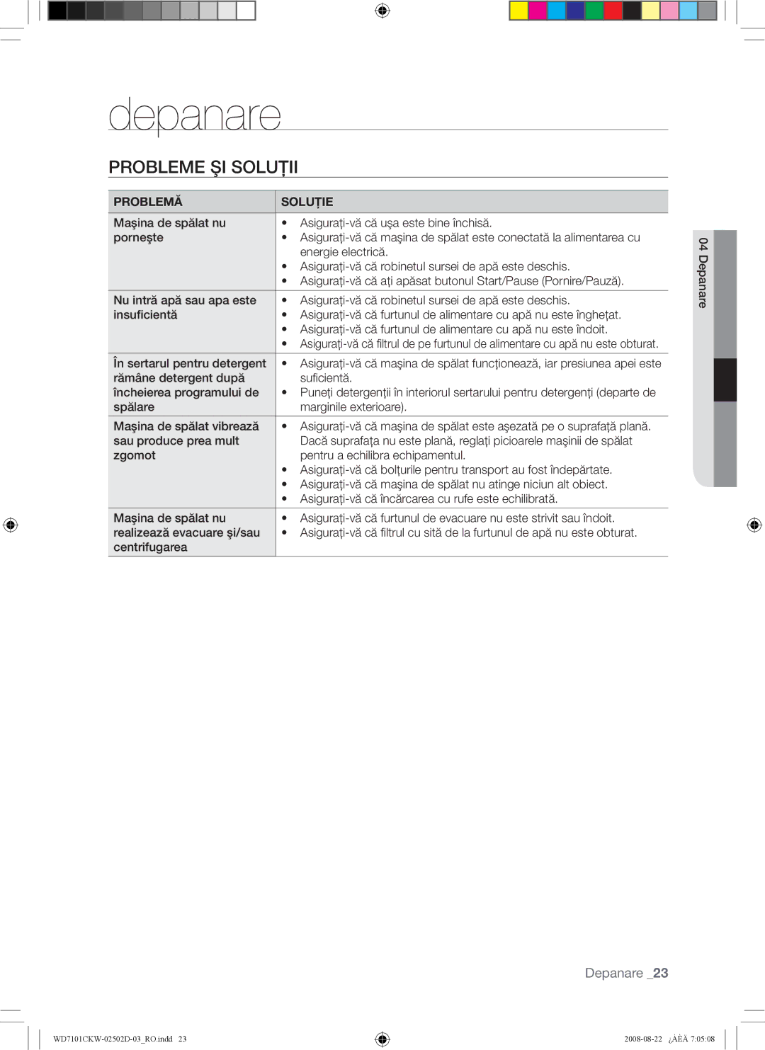 Samsung WD7101CKW/XEH, WD7101CKW/YLE, WD7101CKC/YLE manual Depanare, Probleme ŞI Soluţii, În sertarul pentru detergent 