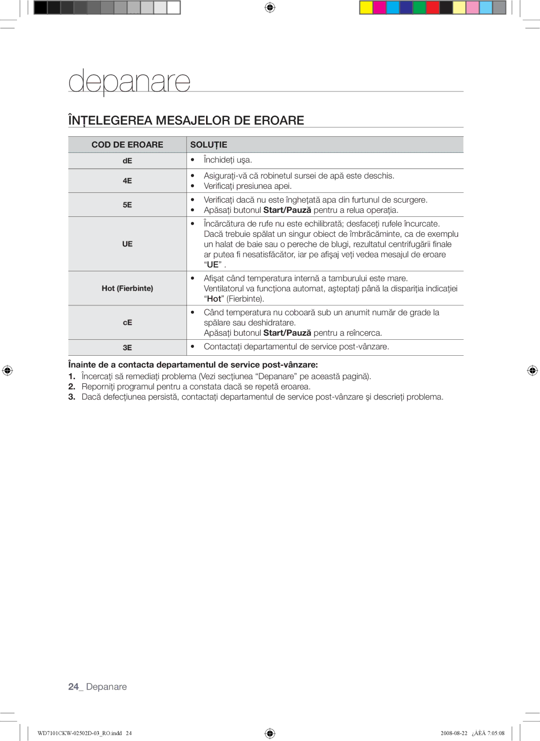 Samsung WD7101CKW/YLE manual Înţelegerea Mesajelor DE Eroare, Înainte de a contacta departamentul de service post-vânzare 