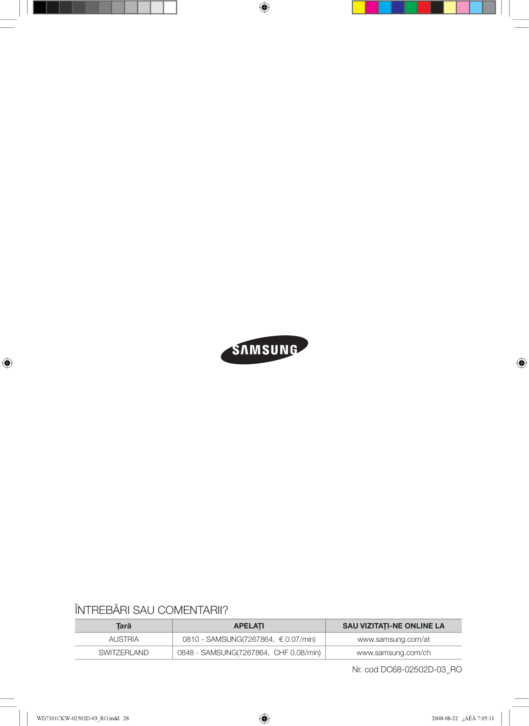 Samsung WD7101CKC/YLE, WD7101CKW/YLE, WD7101CKW/XEH manual Întrebări SAU COMENTARII? 