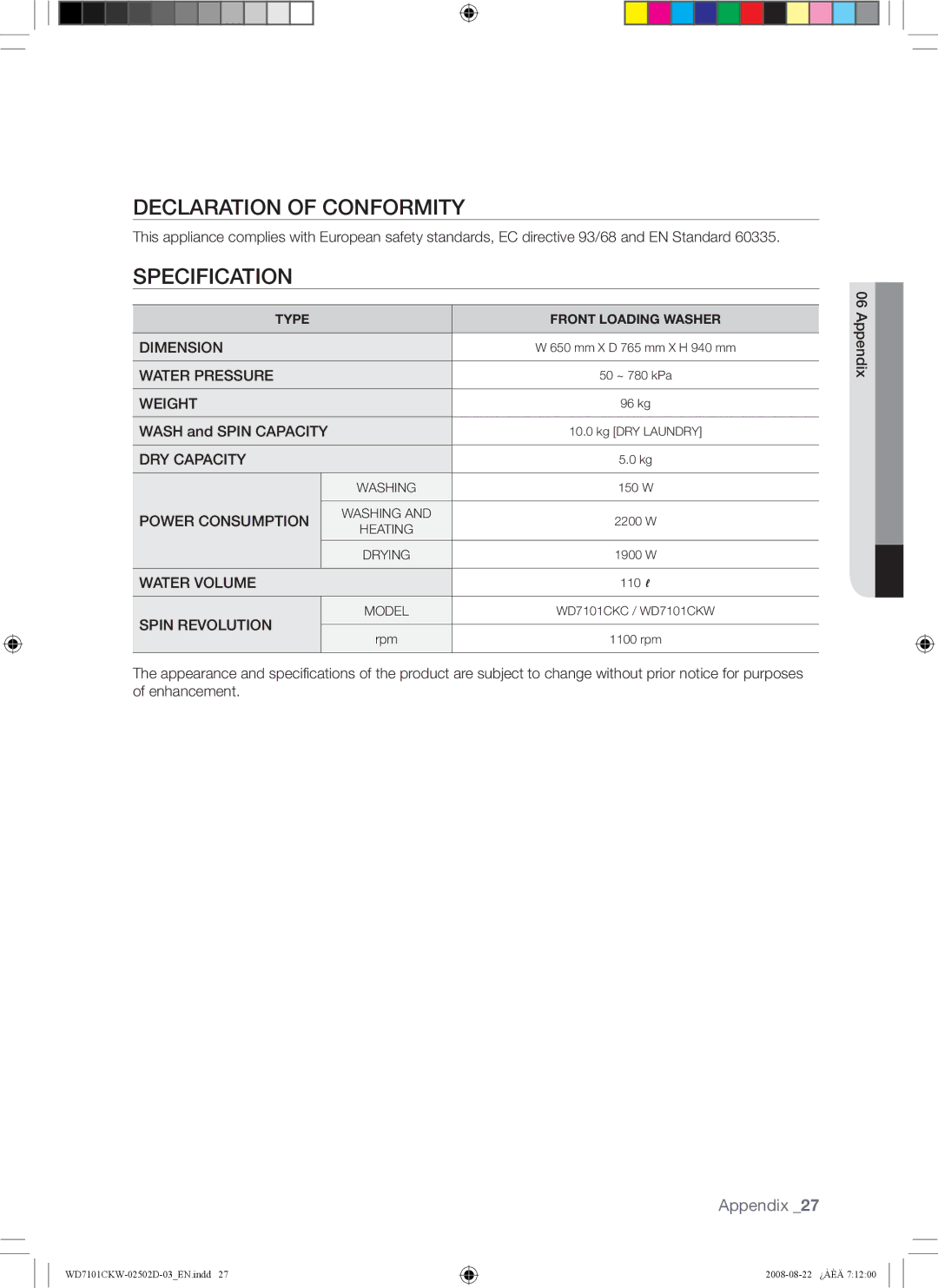 Samsung WD7101CKW/YLE, WD7101CKC/YLE manual Declaration of Conformity, Specification, Wash and Spin Capacity, Appendix 