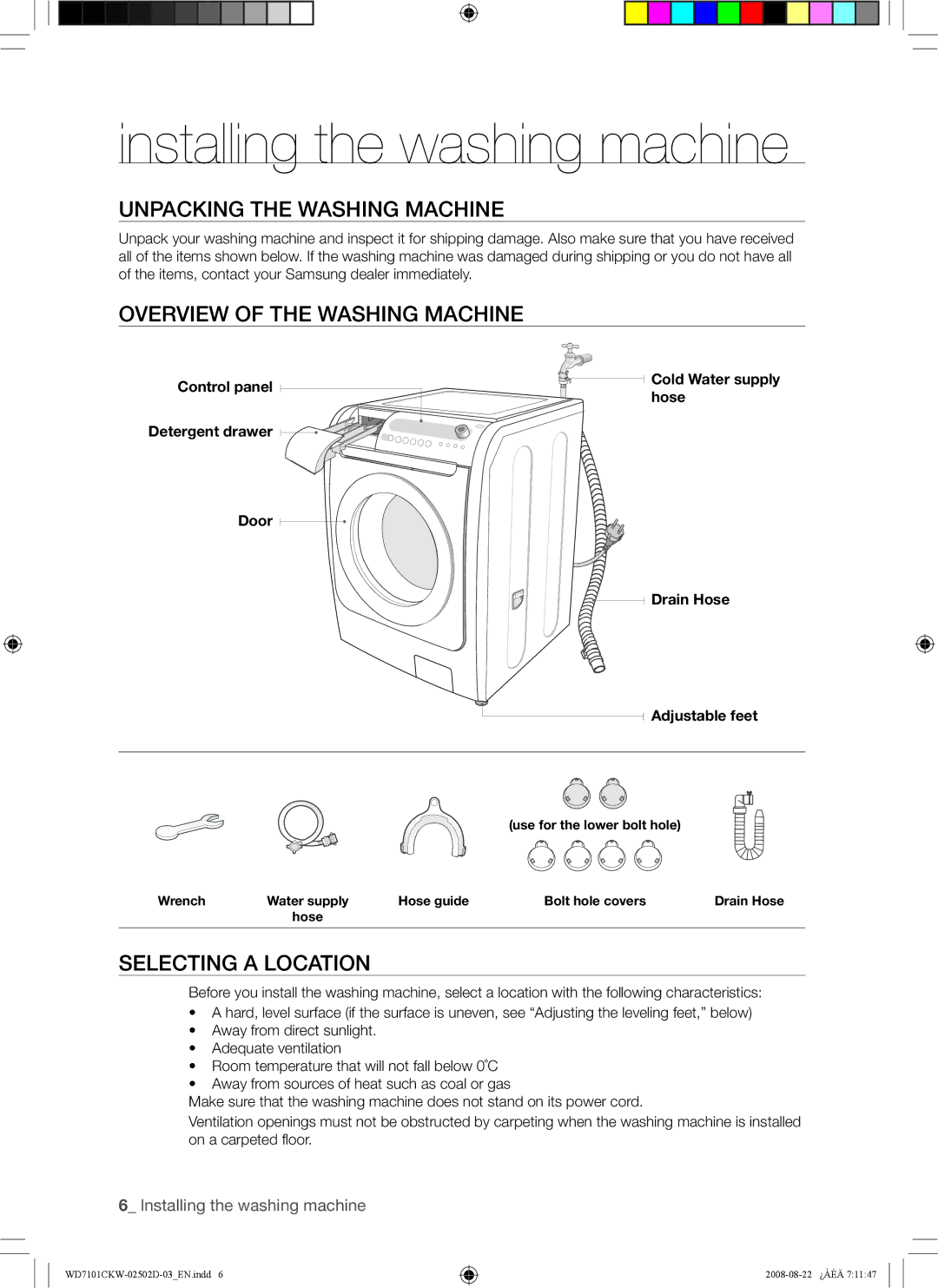 Samsung WD7101CKW/YLE manual Installing the washing machine, Unpacking the Washing Machine, Overview of the Washing Machine 