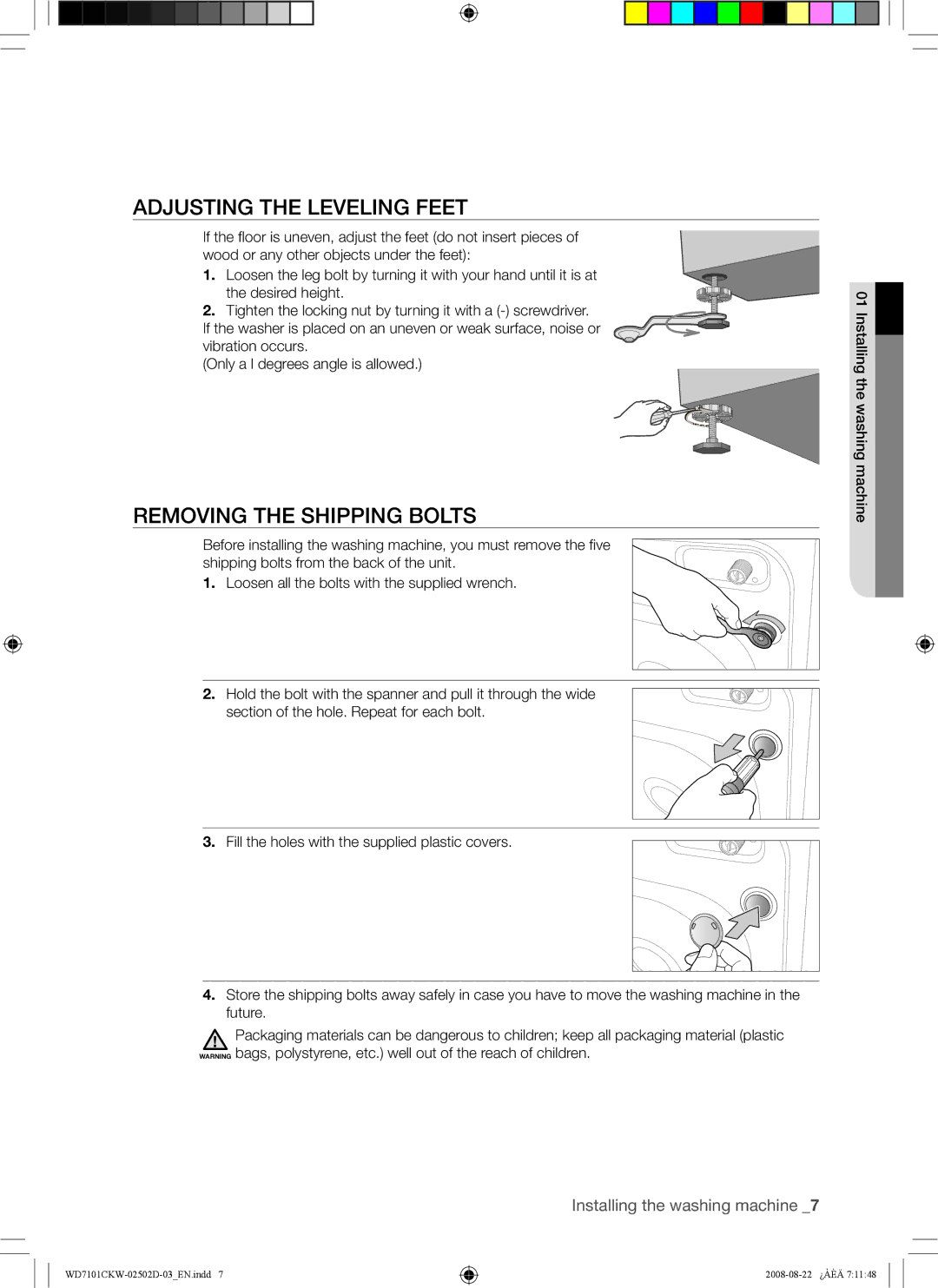 Samsung WD7101CKC/YLE, WD7101CKW/YLE, WD7101CKW/XEH manual Adjusting the Leveling Feet, Removing the Shipping Bolts 