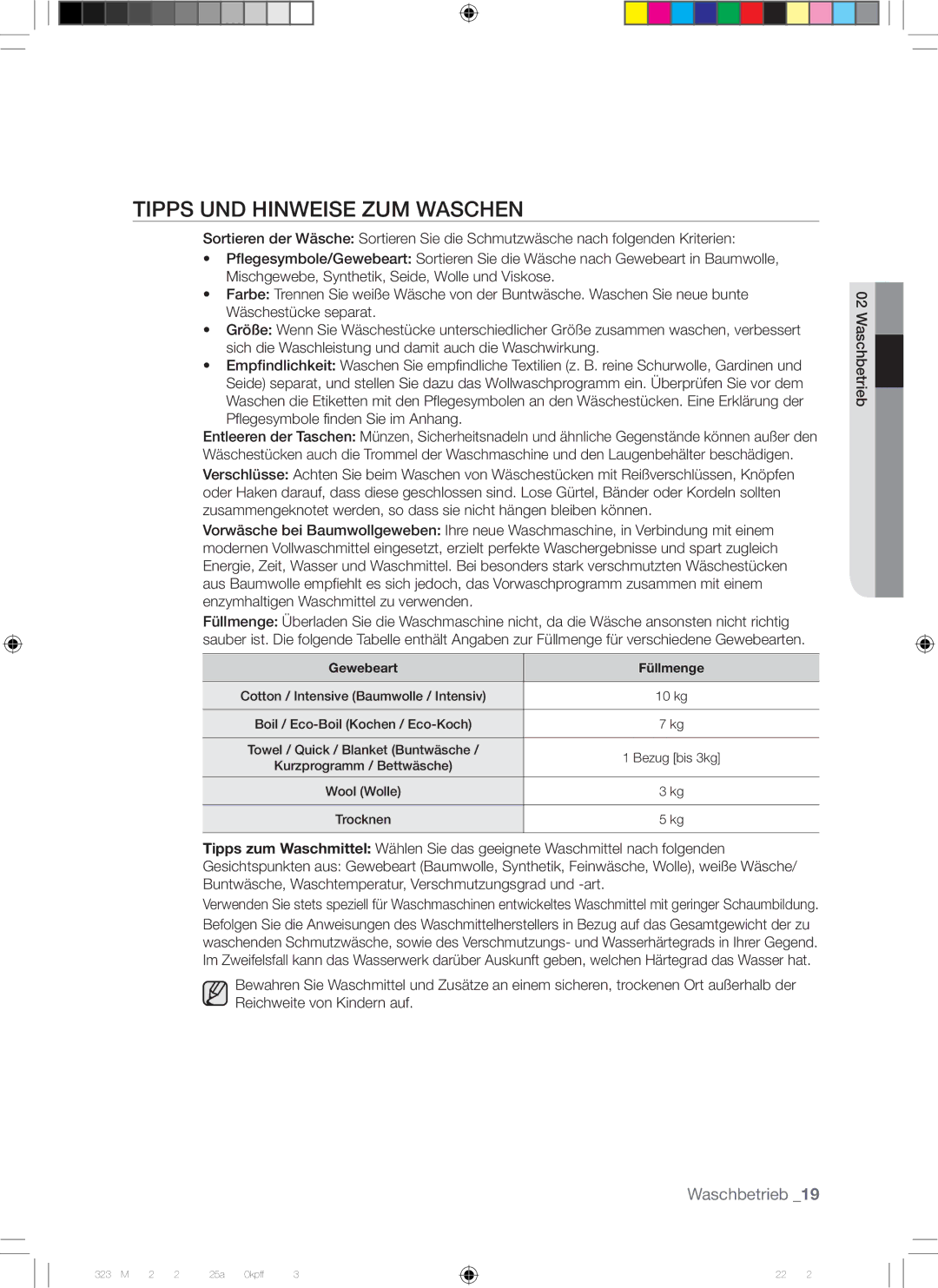 Samsung WD7101CKW/YLE, WD7101CKC/YLE, WD7101CKW/XEH manual Tipps UND Hinweise ZUM Waschen, Gewebeart Füllmenge 