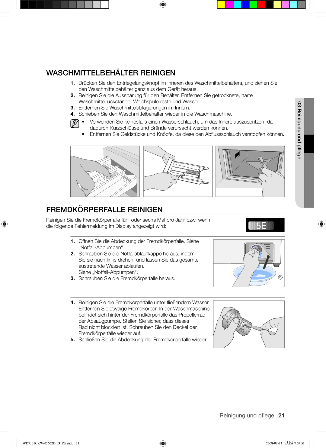 Samsung WD7101CKW/XEH, WD7101CKW/YLE, WD7101CKC/YLE manual Waschmittelbehälter Reinigen, Fremdkörperfalle Reinigen 