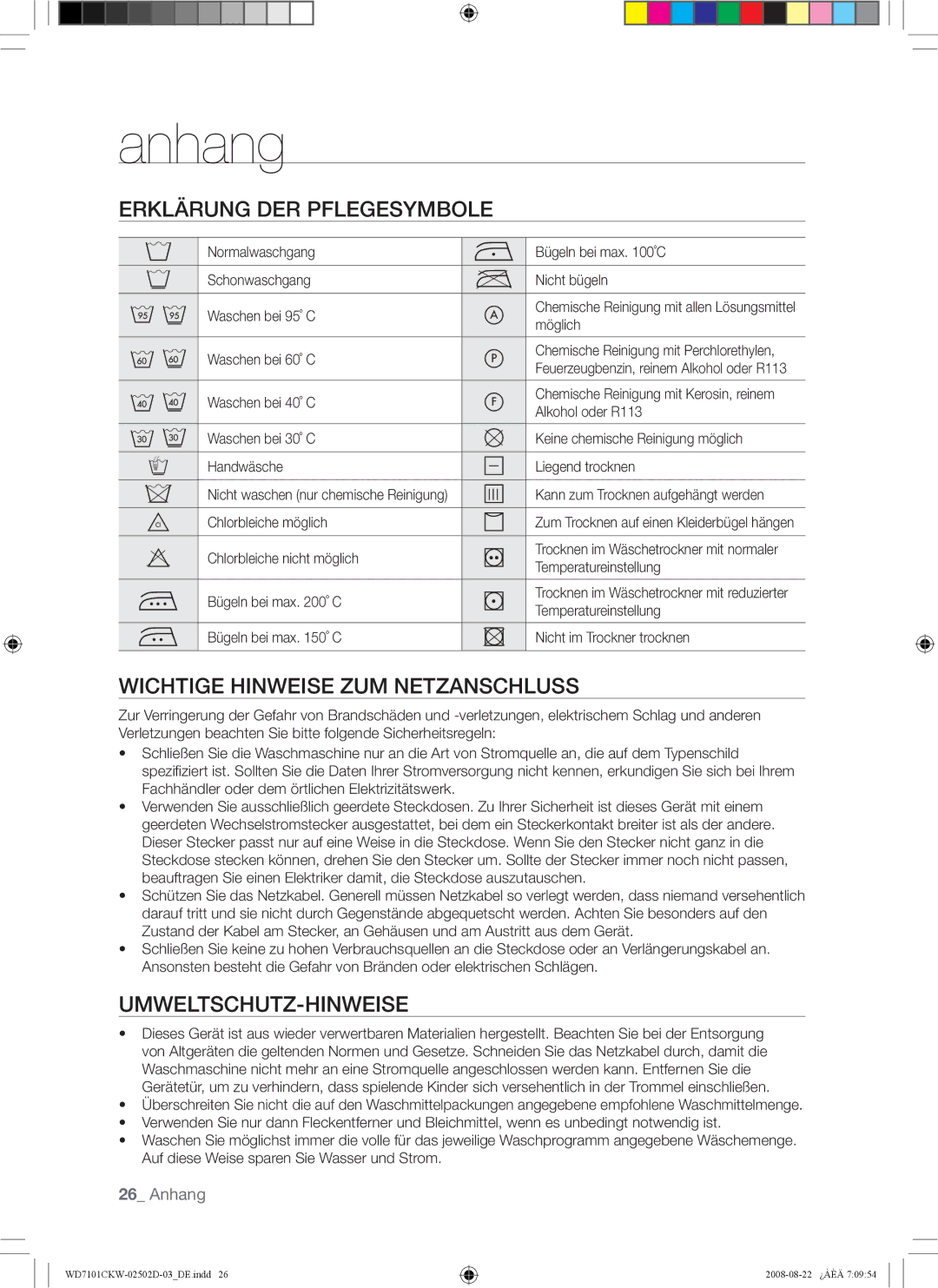 Samsung WD7101CKC/YLE Anhang, Erklärung DER Pflegesymbole, Wichtige Hinweise ZUM Netzanschluss, Umweltschutz-Hinweise 